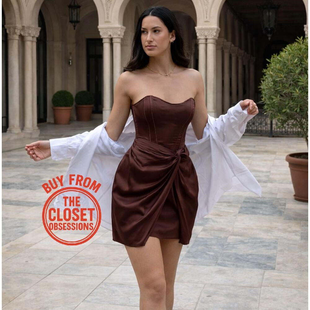 Zara Chocolate Brown Draped Strapless Mini Dress NWT - Picture 8 of 16